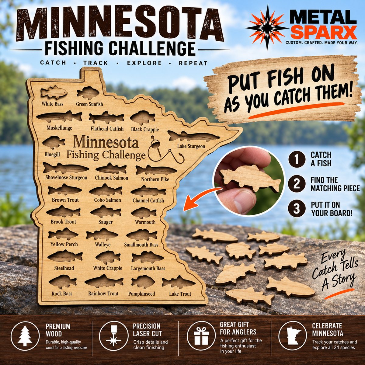 Metal Sparx Minnesota Fishing Challenge Board featuring colorful fishing-themed design and engraved branding.