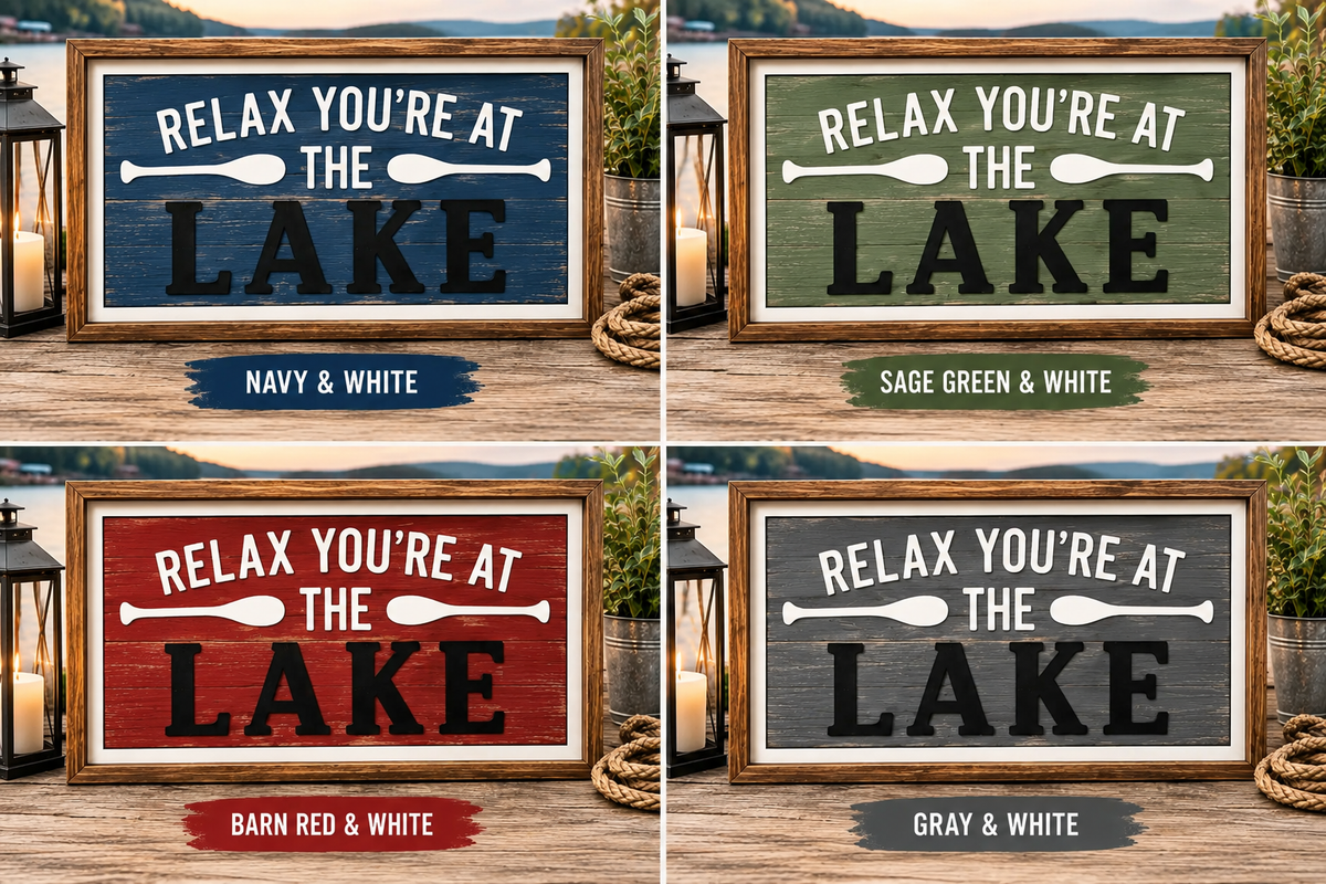 Relax You're At the Lake metal sign by Metal Sparx featuring a lakeside scene and casual message for home decor.