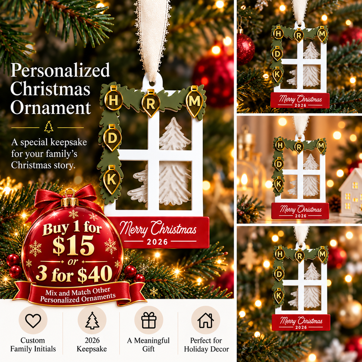 Personalized Christmas window ornament by Metal Sparx featuring custom family initials and 2026 keepsake design.