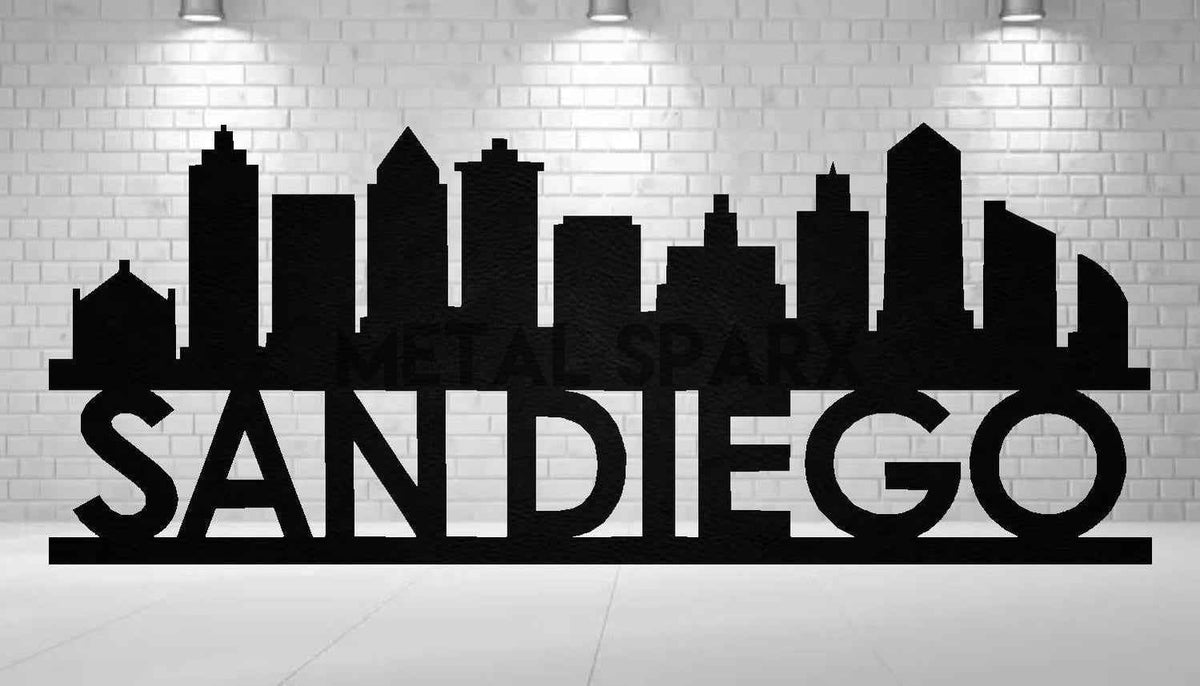Black metal art piece depicting the San Diego skyline by Metal Sparx showing detailed cityscape silhouette against a dark background.
