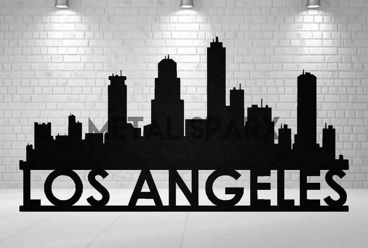 Black Metal Sparx Los Angeles metal art wall decor with intricate city skyline design.