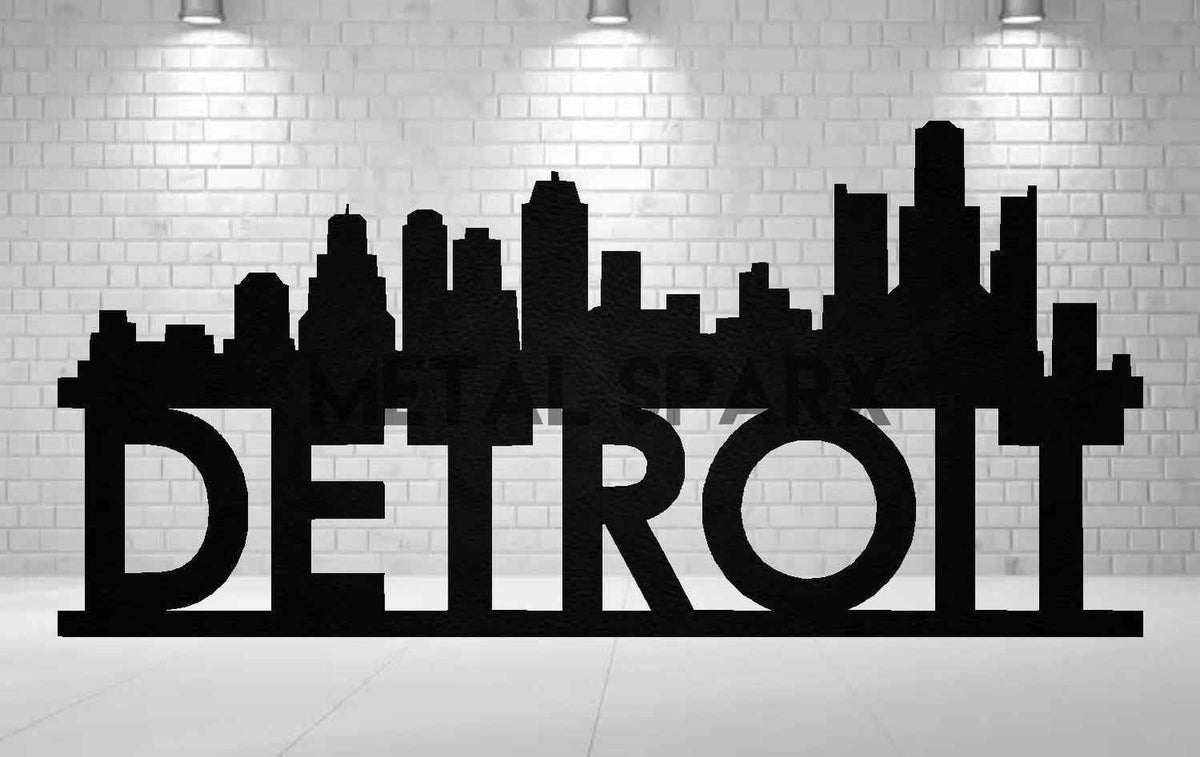 Black Metal Sparx Detroit Skyline metal art wall decor showcasing the iconic Detroit cityscape in sleek black finish.