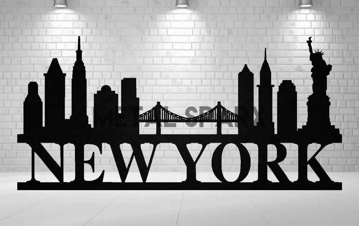 Black metal art of the New York City skyline by Metal Sparx, featuring intricate cityscape details and a sleek finish.