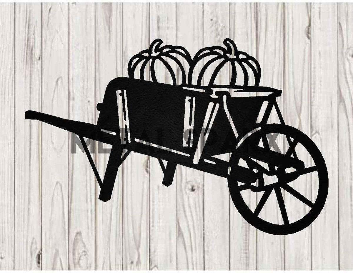 Antique black metal wheelbarrow filled with orange pumpkins, vintage garden decor by Metal Sparx.