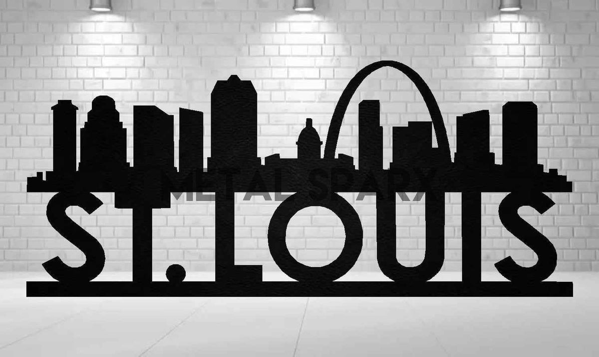 Black metal art piece featuring the St. Louis skyline by Metal Sparx, showcasing detailed cityscape silhouettes.
