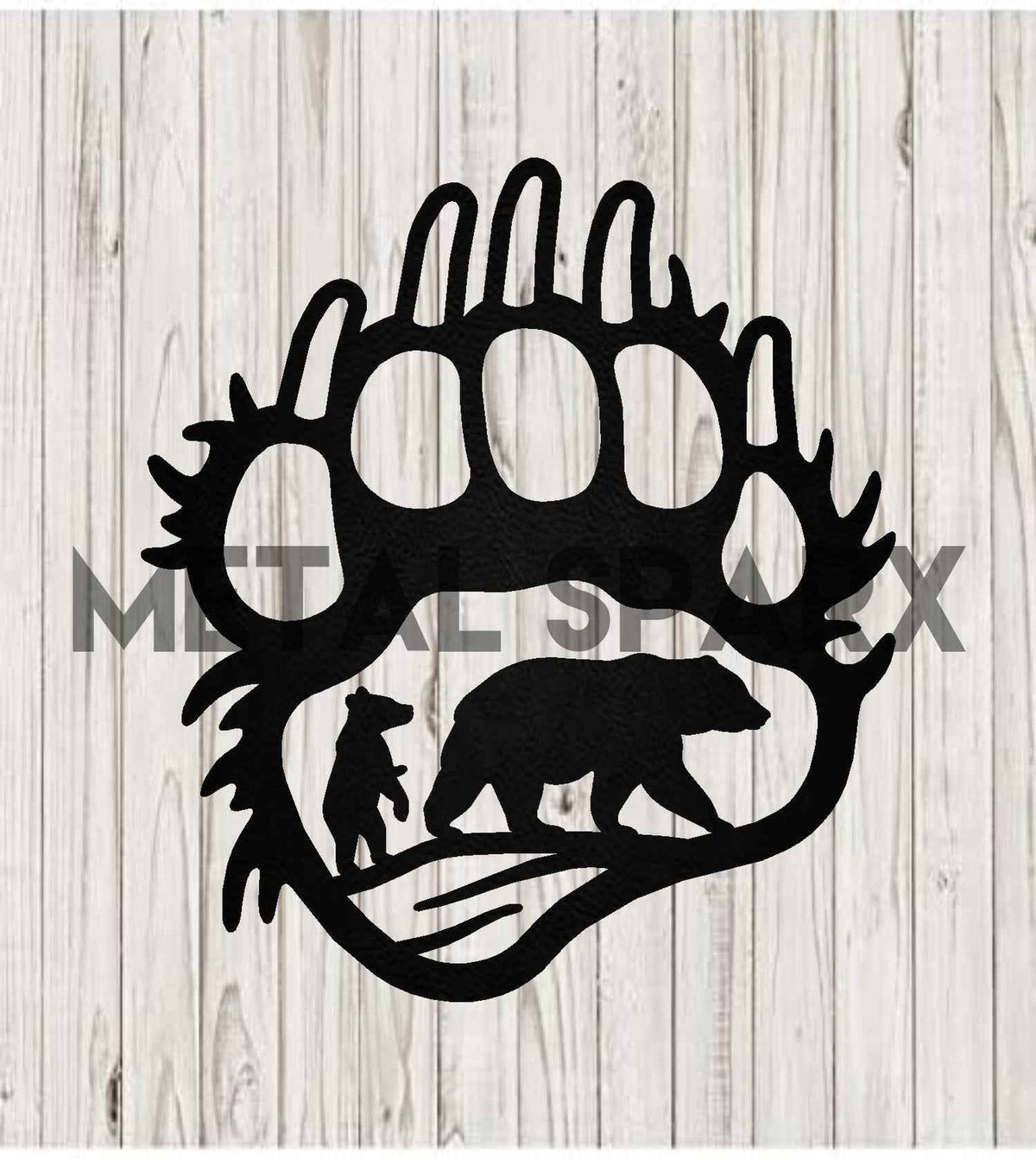Black metal sculpture of a bear paw and bear scene by Metal Sparx, detailed black metal artwork showcasing wildlife design.