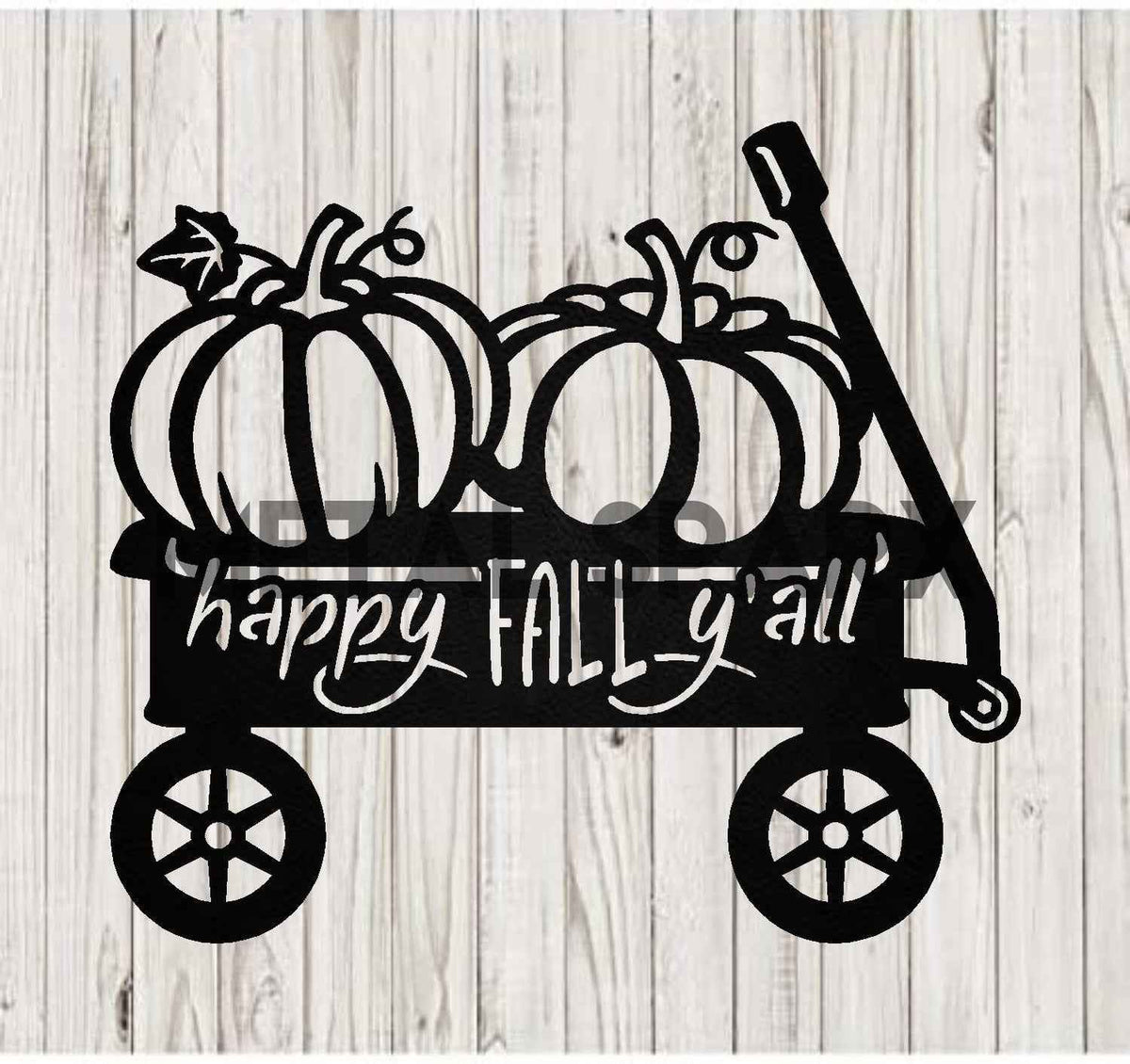 Black metal Happy Fall Y'all Pumpkin Wagon decoration by Metal Sparx, featuring autumn pumpkins and harvest-themed design.
