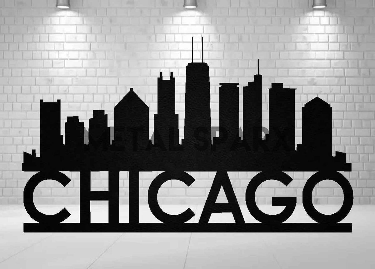Black metal art depicting the Chicago skyline by Metal Sparx, showcasing detailed cityscape silhouettes on a dark background.