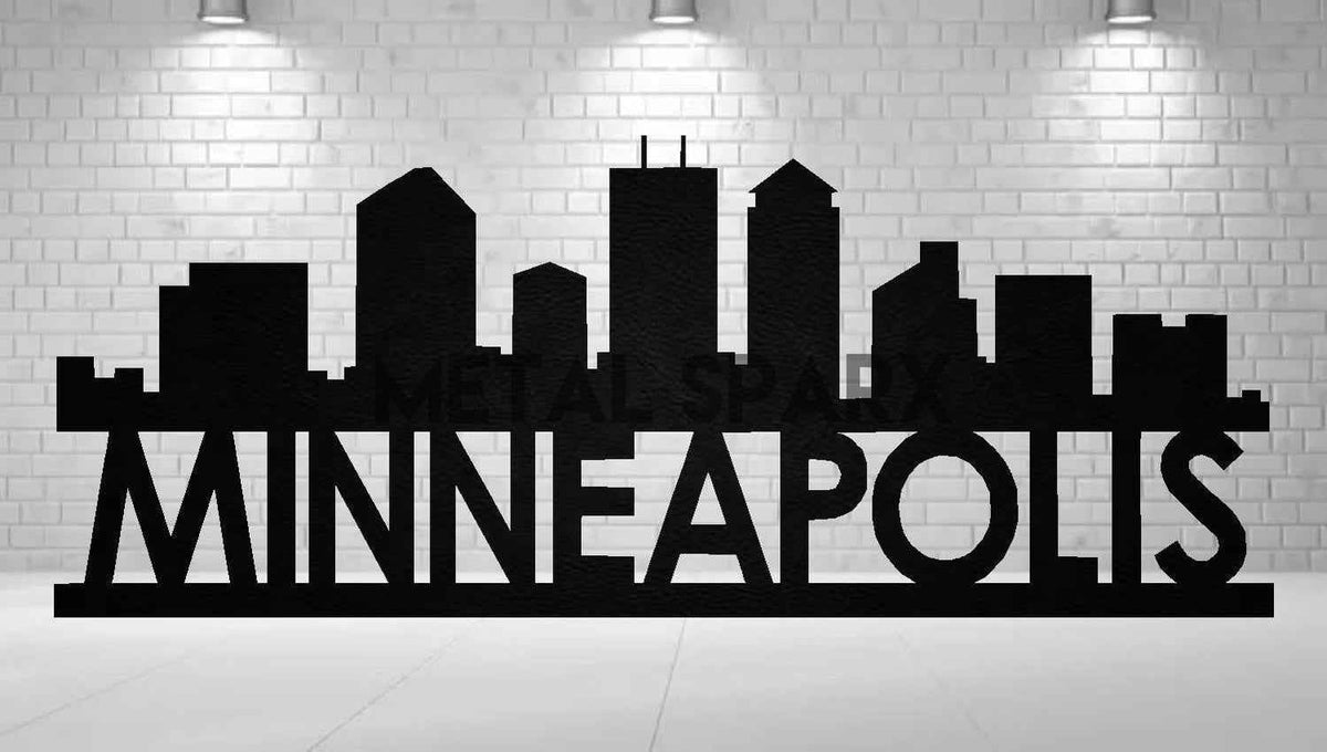 Black Metal Sparx Minneapolis Skyline metal art wall decor showing a detailed city skyline silhouette.