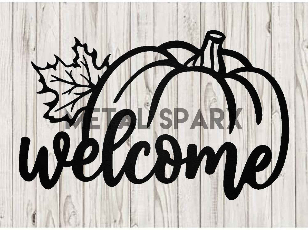 Black Welcome Pumpkin by Metal Sparx, a decorative metal pumpkin with a welcoming message, perfect for fall décor.