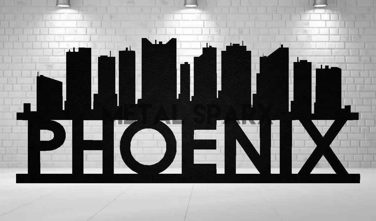 Black metal art piece featuring a detailed Phoenix skyline design by Metal Sparx.