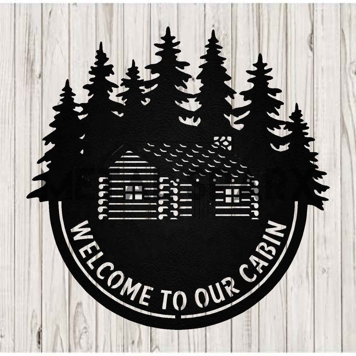 Black metal cabin decor sign by Metal Sparx with "Welcome to our Cabin" engraved, ideal for rustic or cabin-themed interiors.