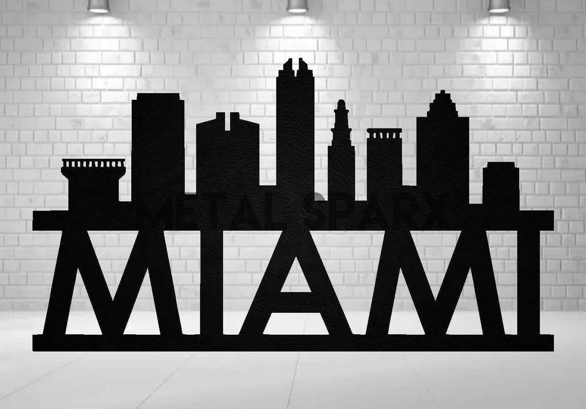 Black metal art piece featuring a Miami skyline design by Metal Sparx, showcasing intricate cityscape details.