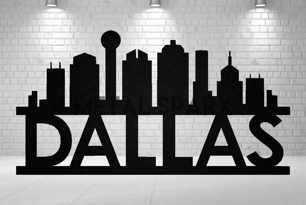 Black Metal Art piece featuring the Dallas Skyline by Metal Sparx, showcasing intricate cityscape design and metal craftsmanship.