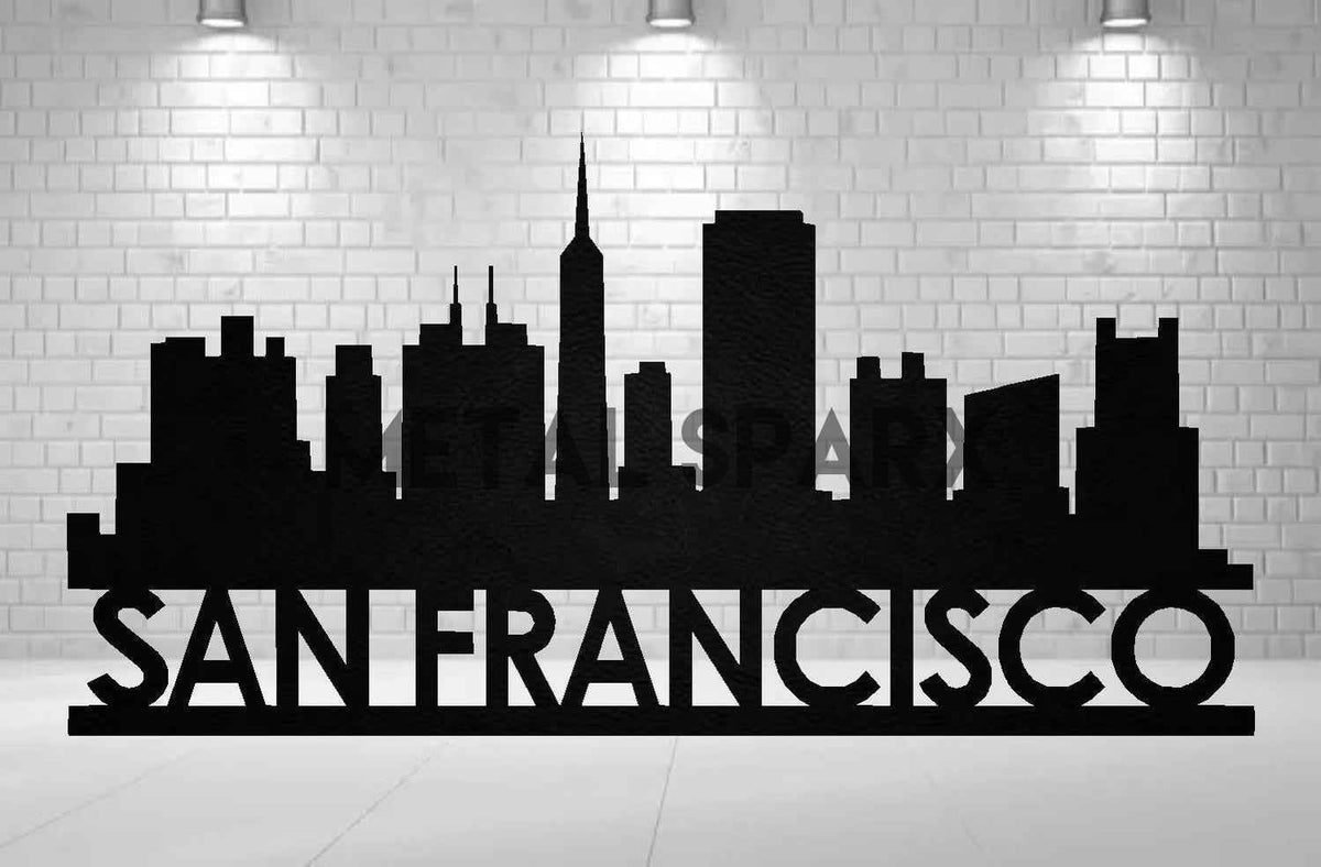 Black Metal Sparx San Francisco Skyline metal art wall decor featuring iconic cityscape silhouettes.