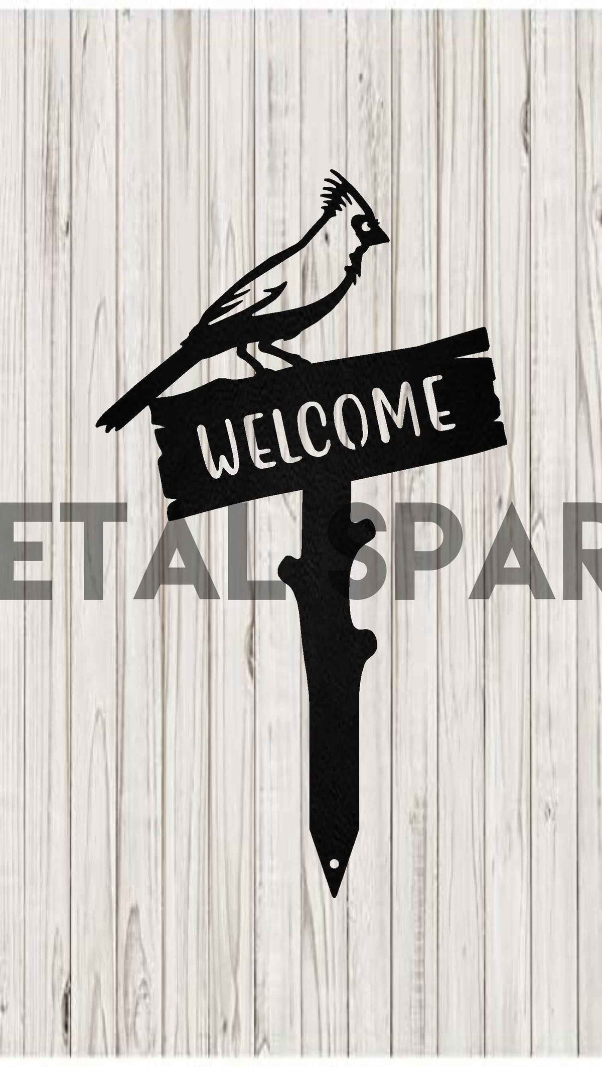 Black Cardinal Welcome wooden stake by Metal Sparx featuring a detailed cardinal bird design for garden or yard decor.
