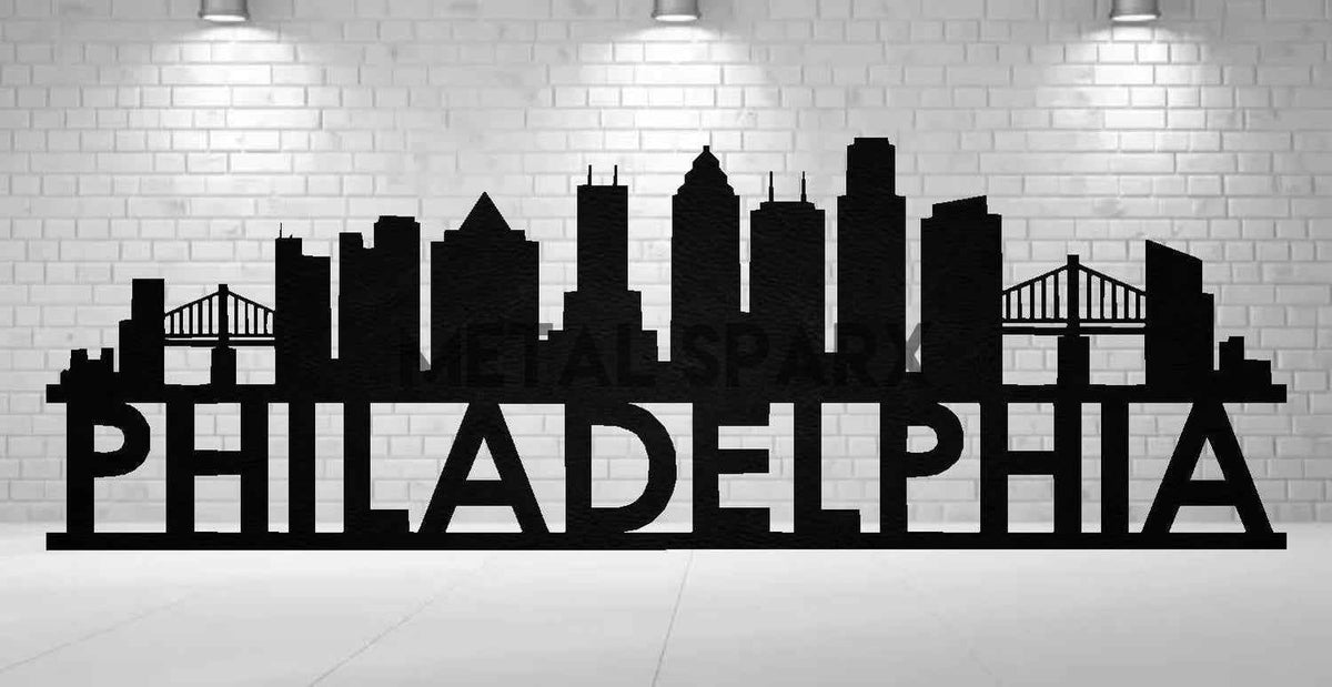 Black metal art piece depicting the Philadelphia skyline by Metal Sparx, showcasing detailed cityscape silhouette.