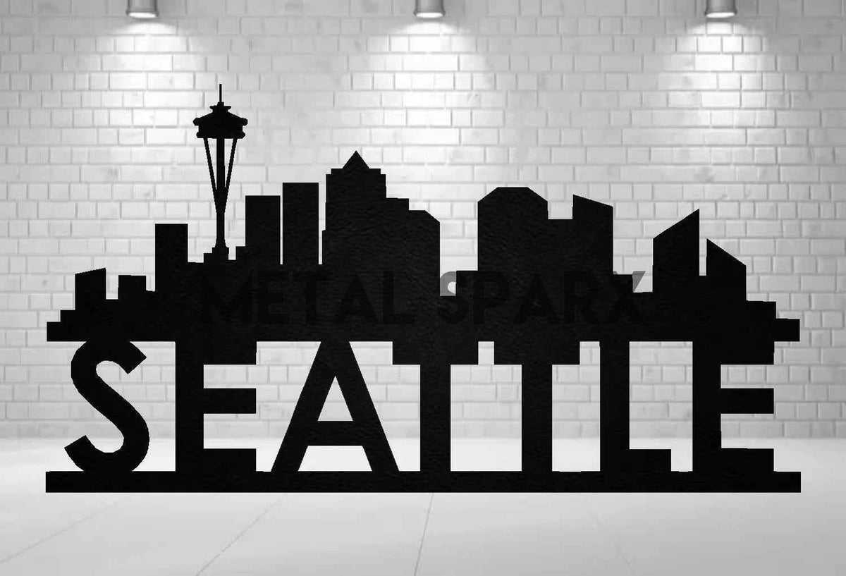 Black metal art depicting the Seattle skyline by Metal Sparx, featuring intricate cityscape details and iconic buildings.