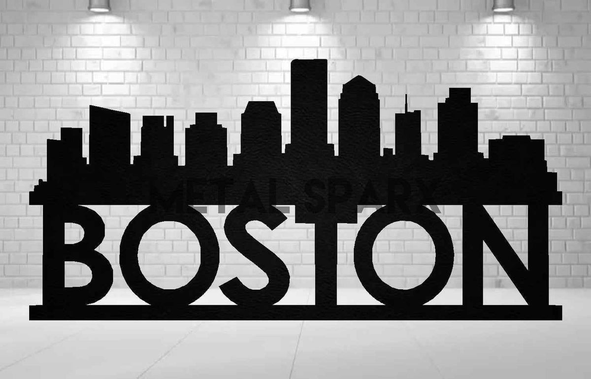 Black Metal Art piece featuring the Boston Skyline by Metal Sparx, showcasing intricate cityscape details.