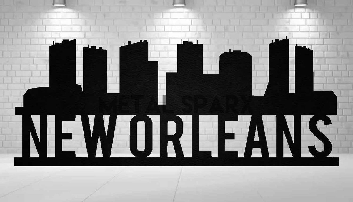 Black metal art piece featuring the New Orleans skyline, crafted by Metal Sparx, showcasing detailed cityscape design.