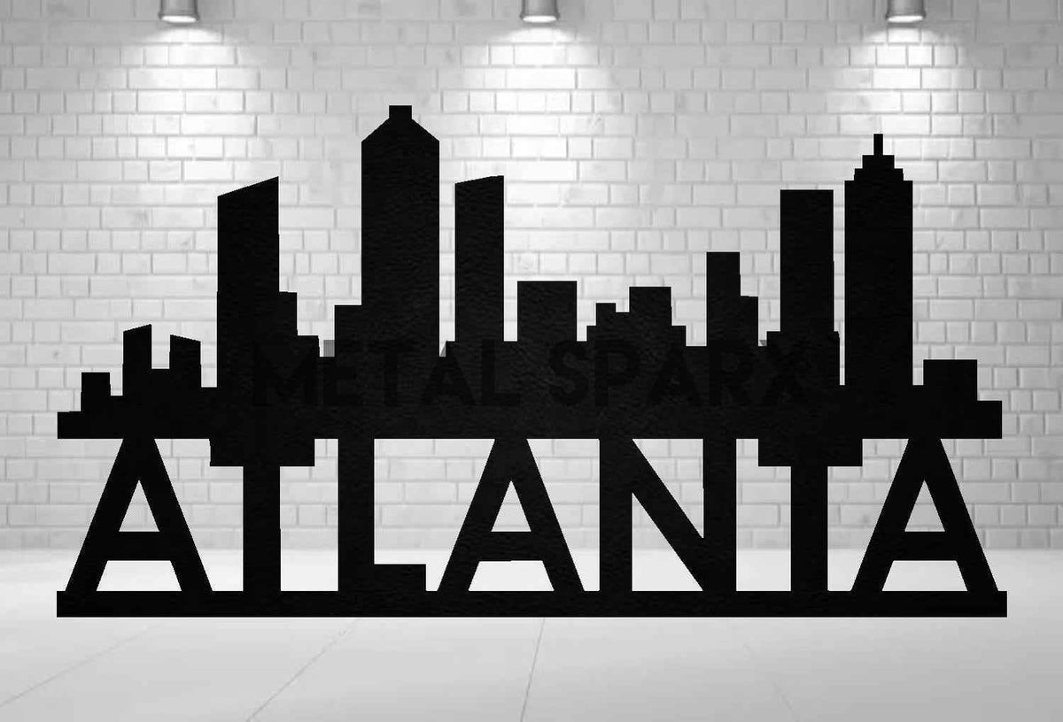 Black metal art piece featuring the Atlanta skyline by Metal Sparx, showcasing intricate cityscape details.