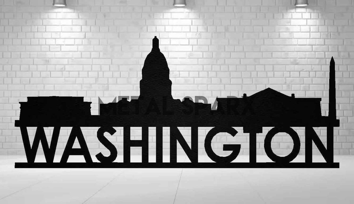 Black Metal Art depicting Washington Skyline by Metal Sparx, intricate cityscape design on a sleek metal panel.