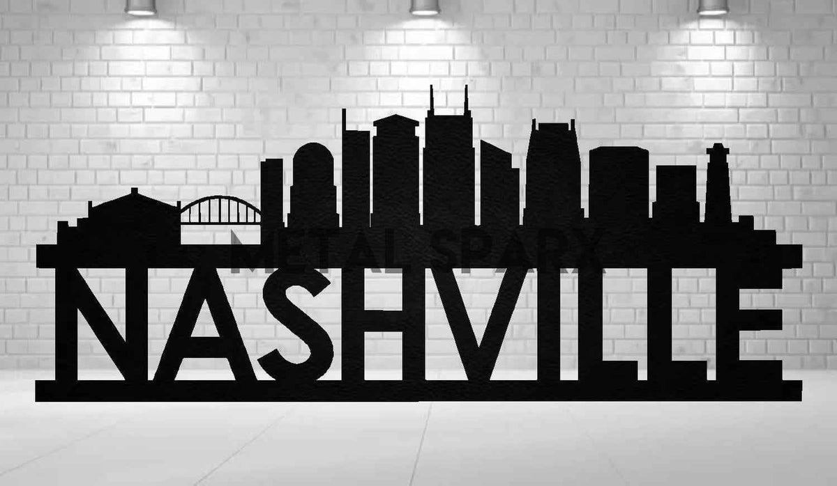 Black Metal Art piece featuring the Nashville Skyline by Metal Sparx, showcasing intricate cityscape details and urban design.