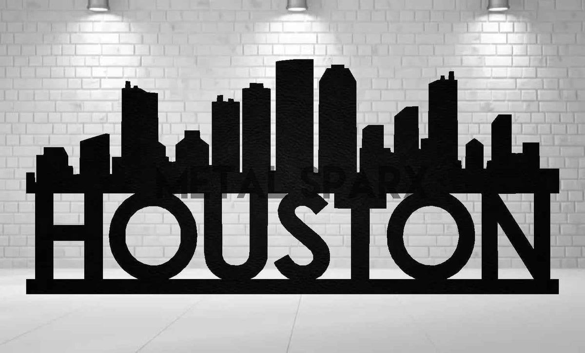 Black metal art piece featuring the Houston skyline by Metal Sparx, showcasing intricate cutout cityscape design.