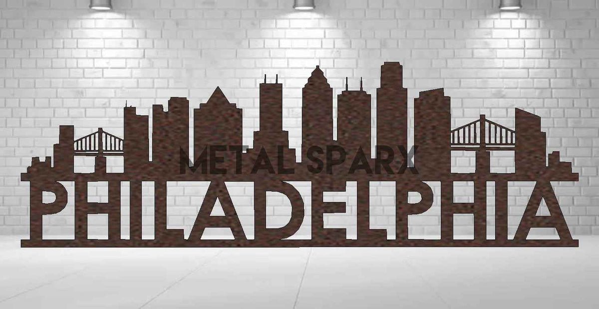 Copper Philadelphia skyline metal art by Metal Sparx featuring detailed cityscape silhouette on copper sheet.