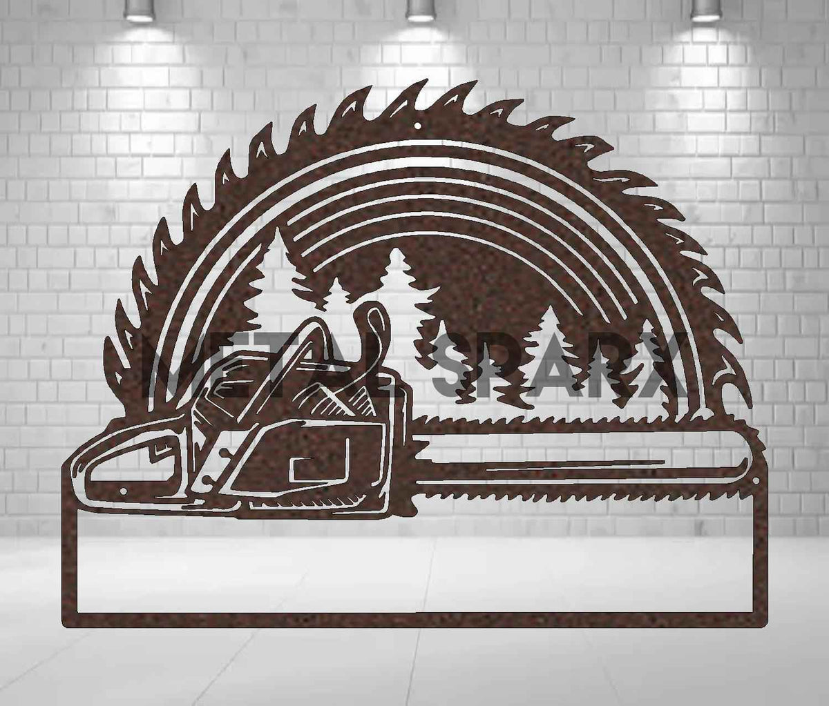 Copper Chainsaw Monogram metal art by Metal Sparx featuring a detailed chainsaw design on a copper finish.