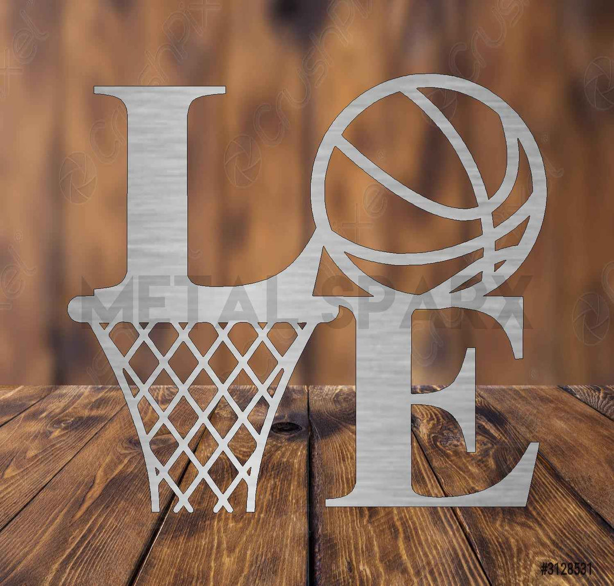 Metal Sparx Basketball Love metal art sculpture featuring a basketball and love-themed design on a sleek metal surface.
