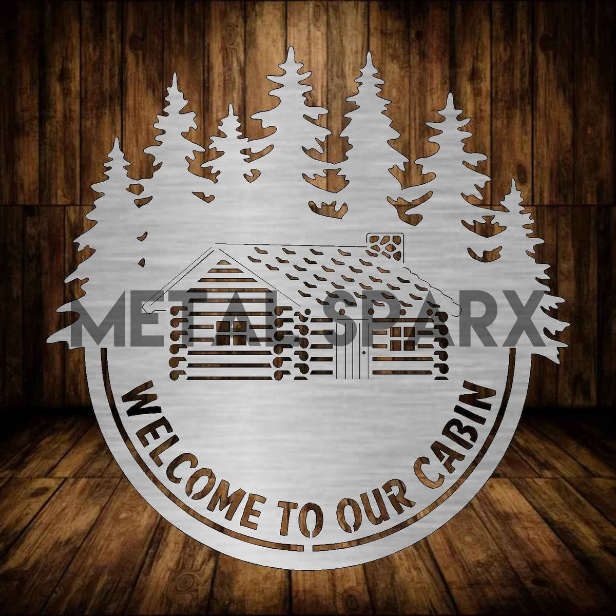 Metal Sparx Welcome to Our Cabin sign with rustic wood finish, ideal for cabin decor and outdoor display.