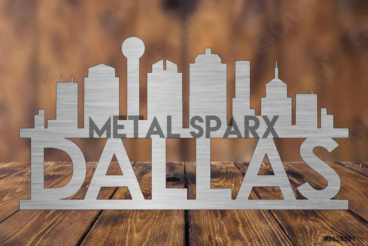 Metal Sparx Dallas Skyline metal art wall decor featuring a detailed cityscape silhouette in sleek, modern metal design.