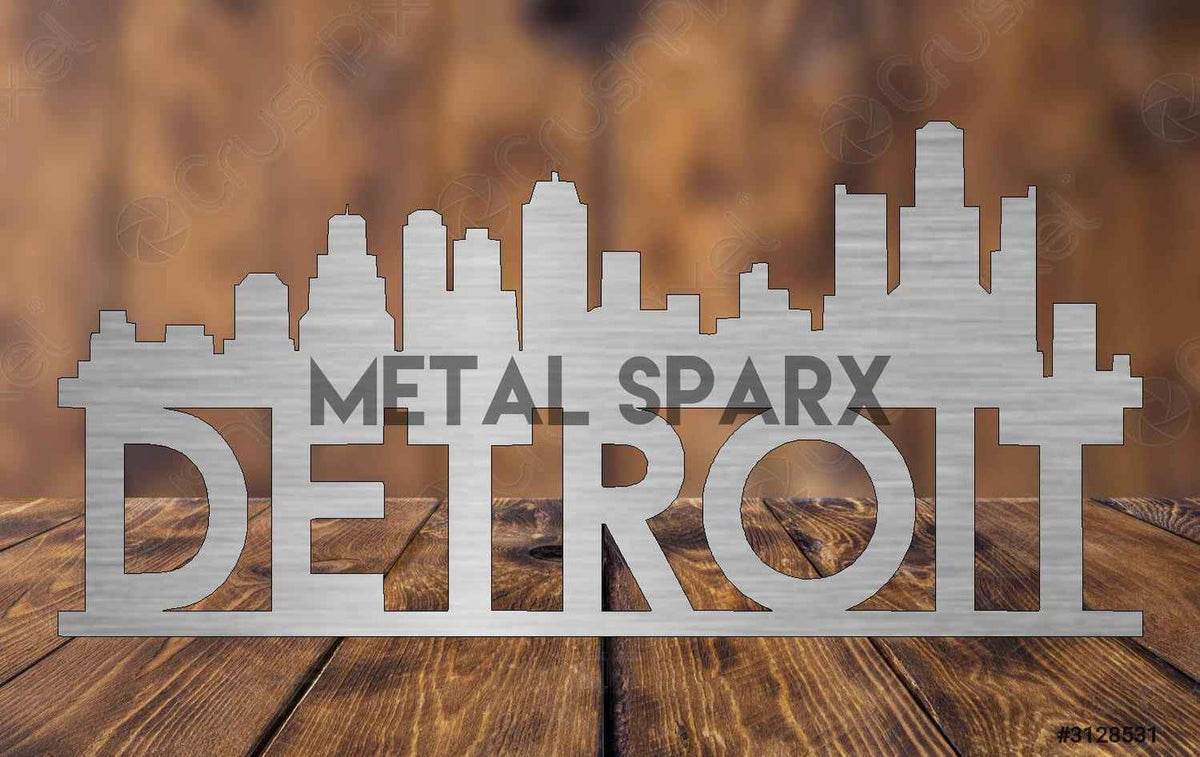 Metal Sparx Detroit Skyline metal art wall decor featuring a detailed cityscape design on a sleek metal surface.