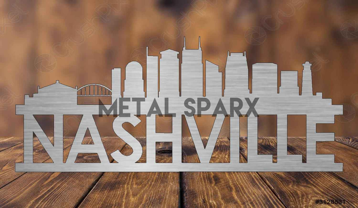 Metal Sparx Nashville Skyline metal art piece featuring a detailed silhouette of Nashville's iconic city skyline.