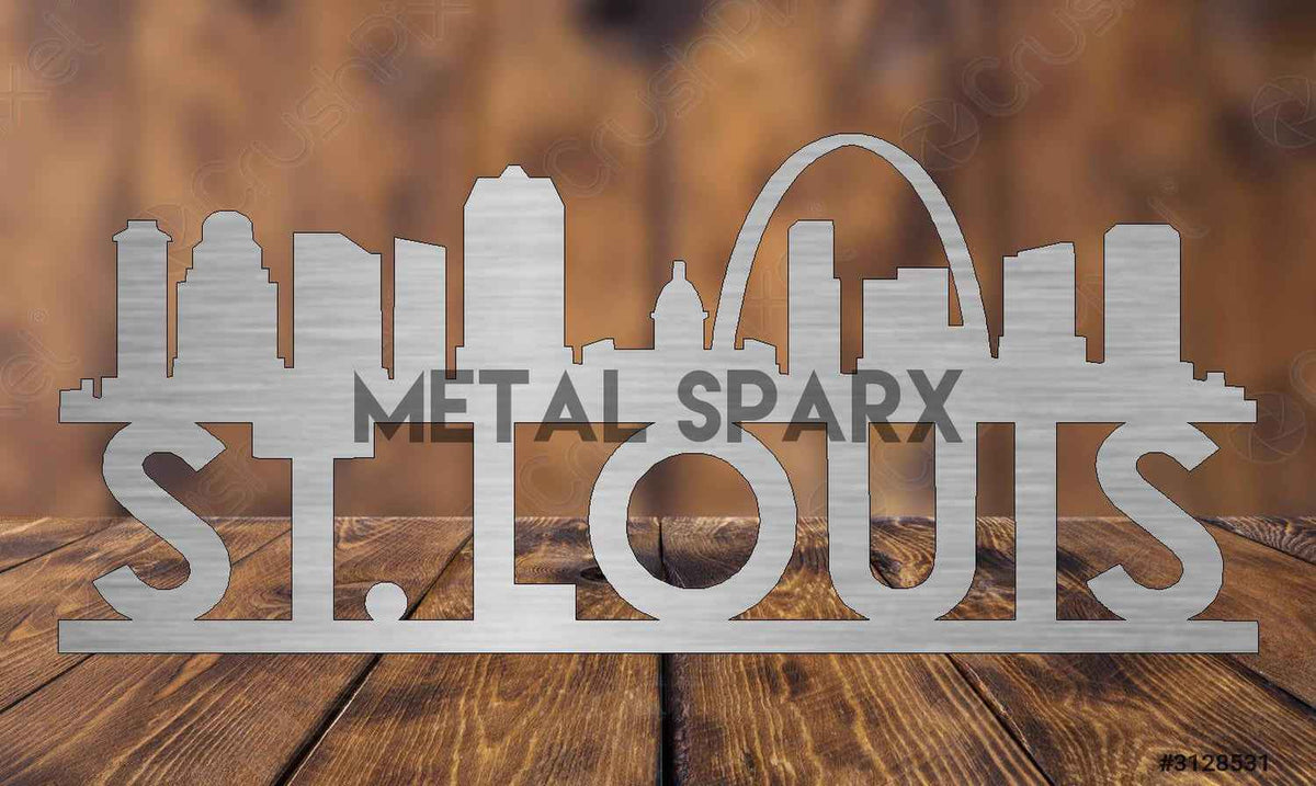 Metal Sparx St Louis Skyline metal art wall decor featuring a detailed silhouette of the St Louis cityscape with iconic buildings.