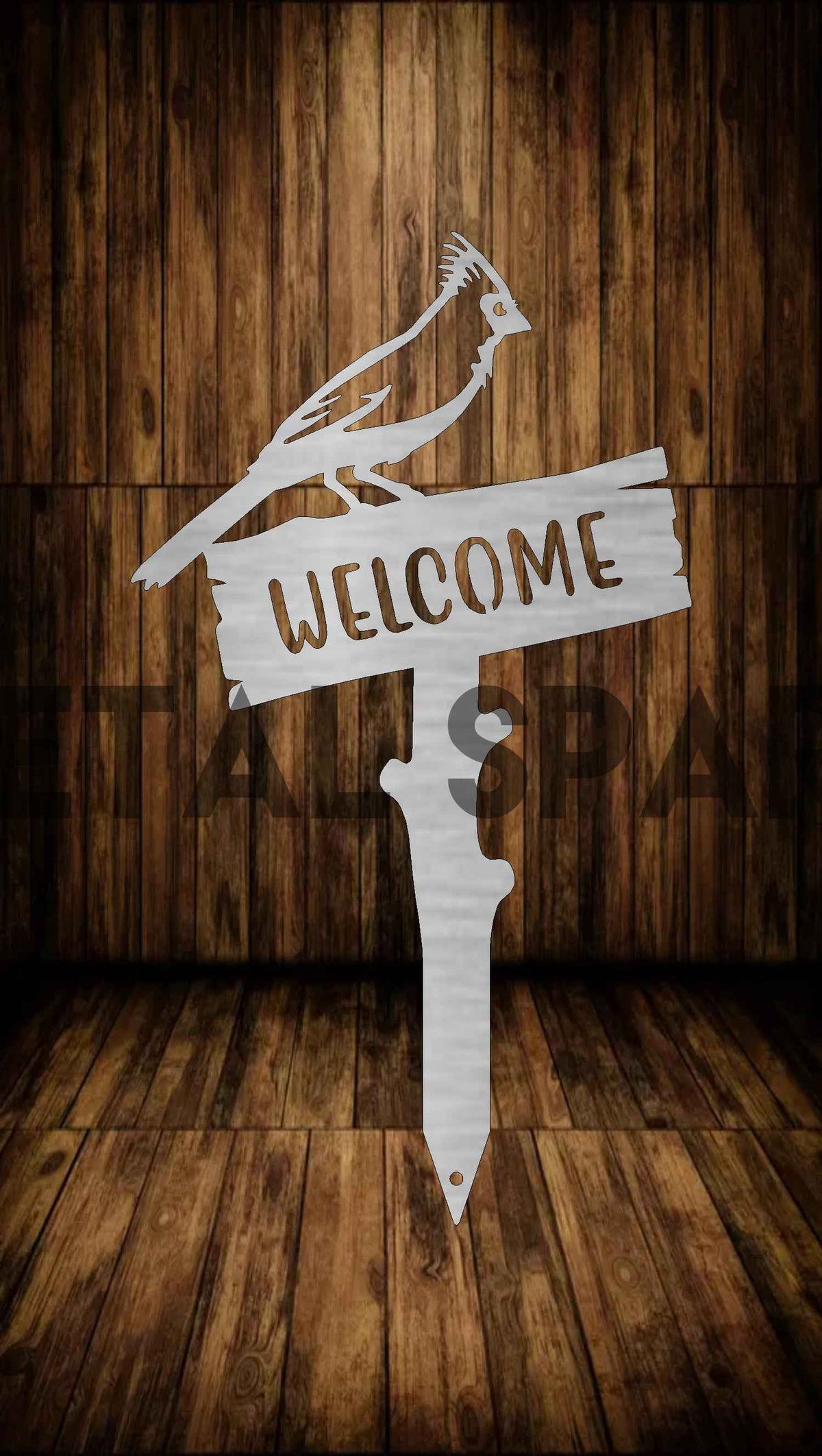 Decorative Cardinal Welcome wooden stake by Metal Sparx, featuring a colorful cardinal bird design for outdoor garden decor.
