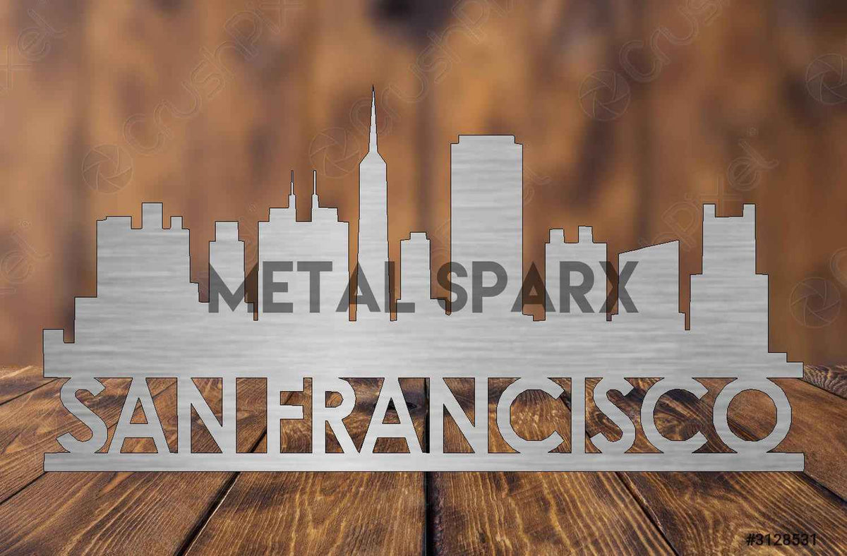 Metal Sparx San Francisco Skyline metal art wall decor featuring a detailed silhouette of the city skyline.