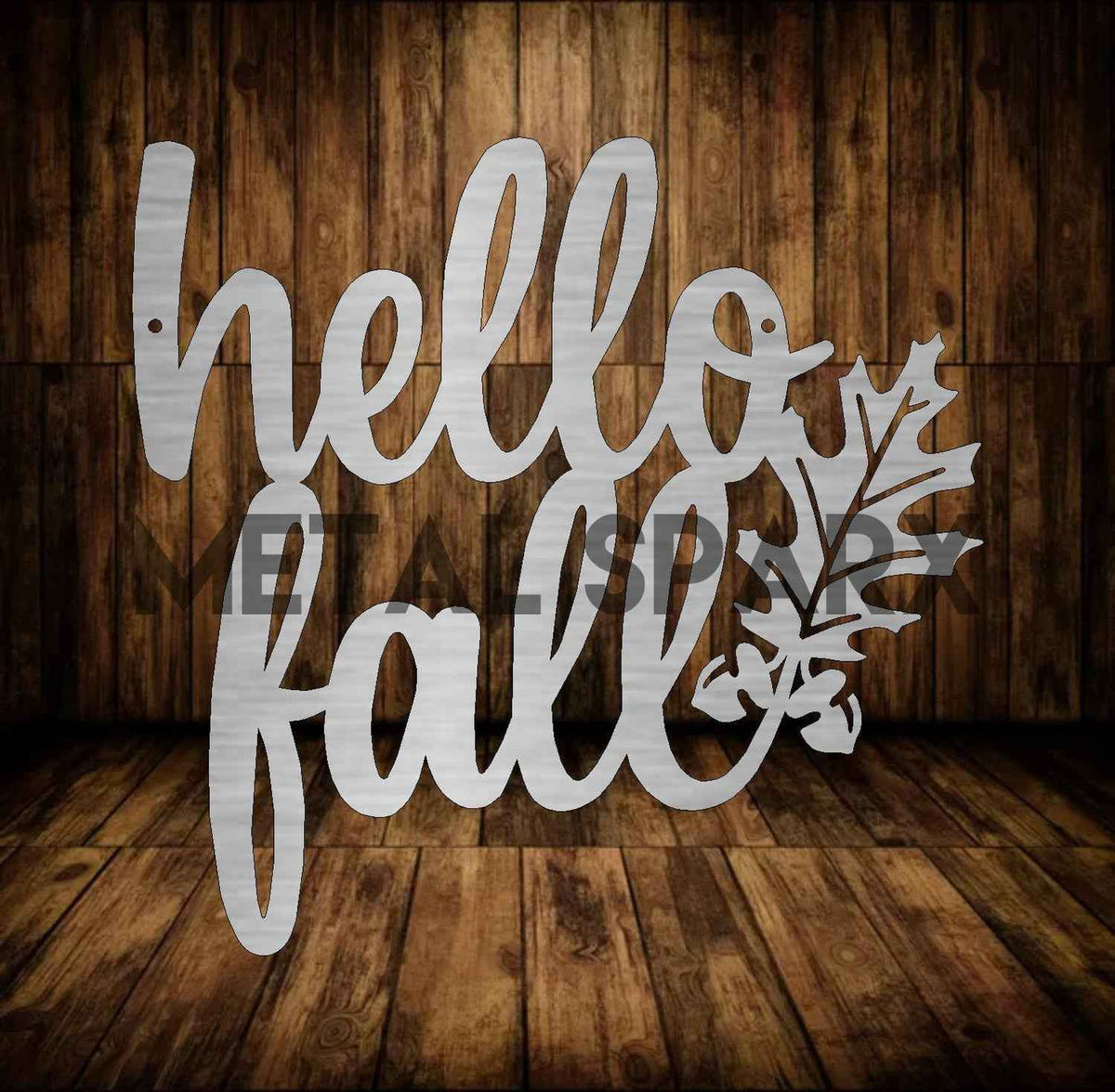 Hello Fall metal sign by Metal Sparx featuring autumn-themed design with leaf accents on a rustic background.
