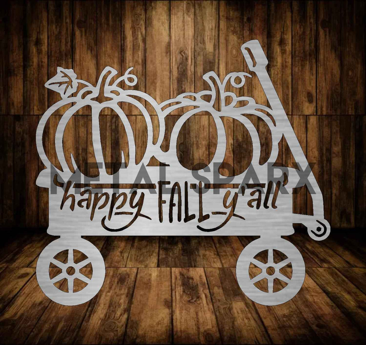 Decorative Happy Fall Y'all pumpkin wagon by Metal Sparx featuring autumn-themed design and colorful pumpkins.