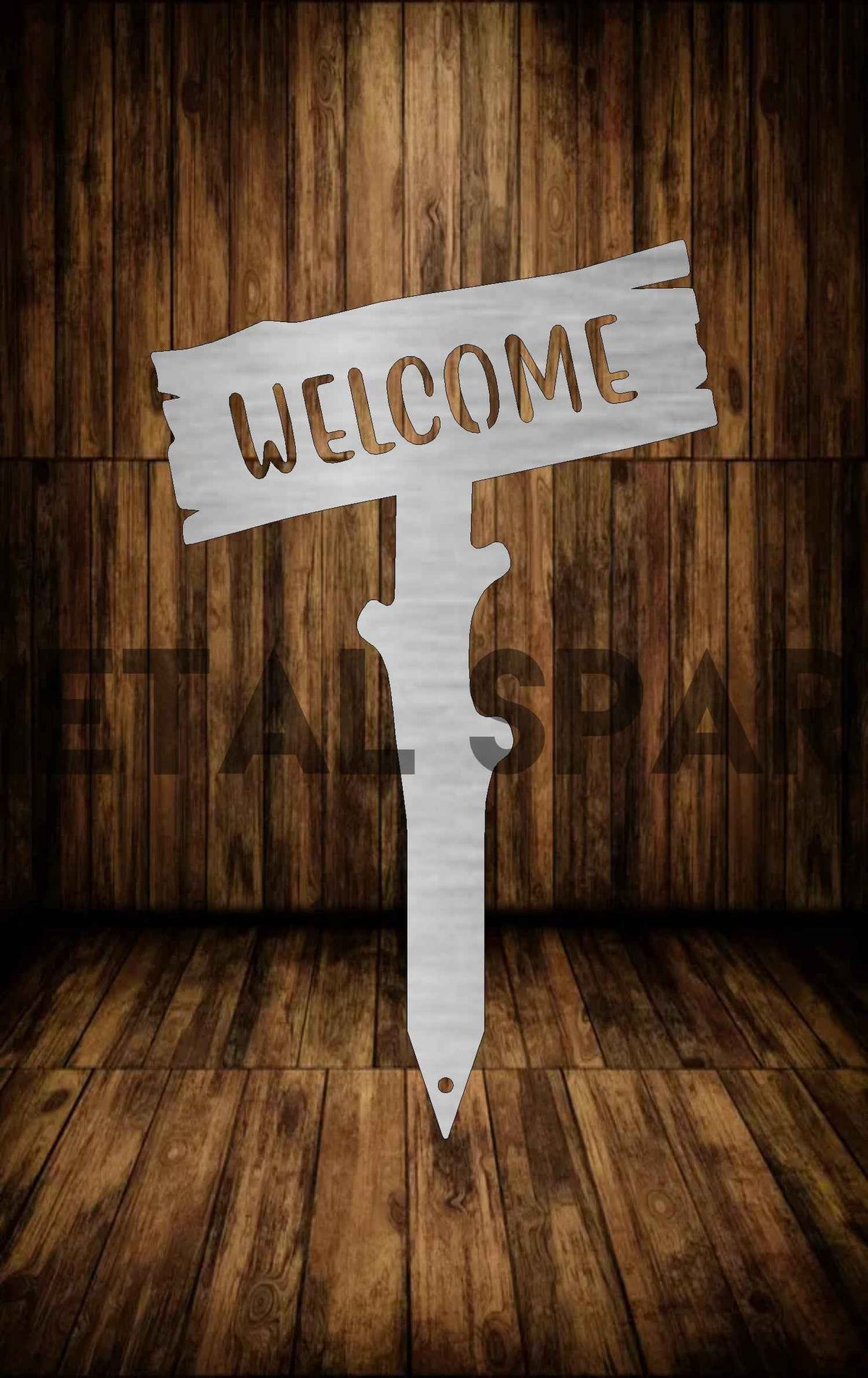 Welcome Wooden Stake by Metal Sparx, handcrafted wooden garden marker with engraved welcome message and rustic finish.