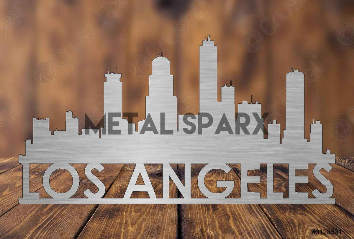 Los Angeles metal art by Metal Sparx featuring a detailed cityscape silhouette in sleek metal design.