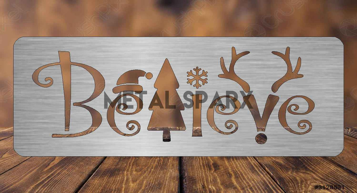 Metal Sparx Christmas Believe sign with festive red and white colors, featuring the word "Believe" in decorative script.