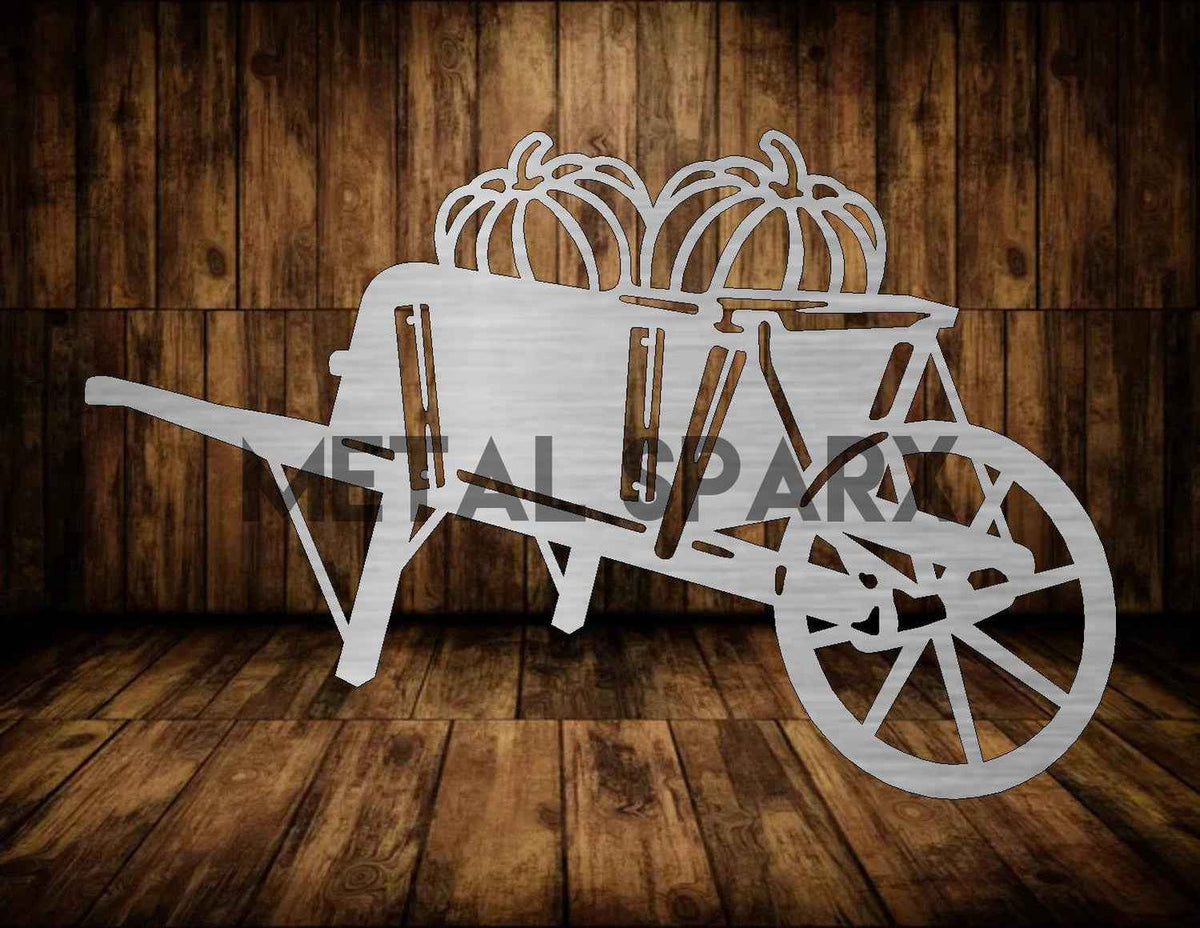 Antique Metal Sparx wheelbarrow filled with colorful pumpkins, rustic outdoor scene with autumn foliage