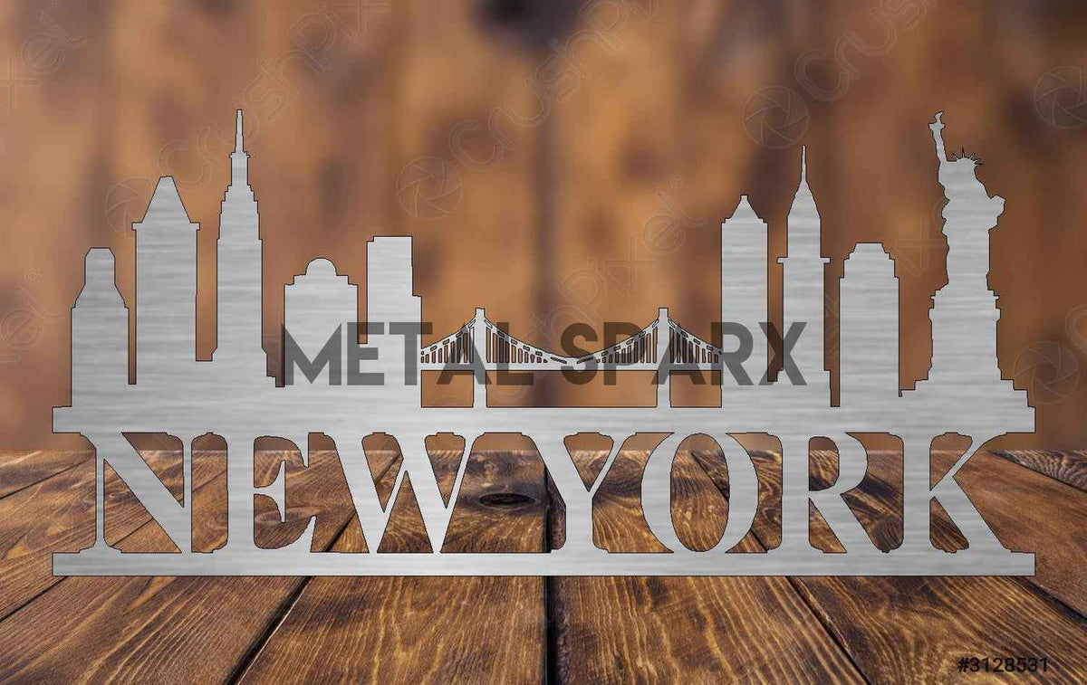 Metal Sparx New York Skyline metal art wall decor featuring a detailed cityscape silhouette in sleek metal finish