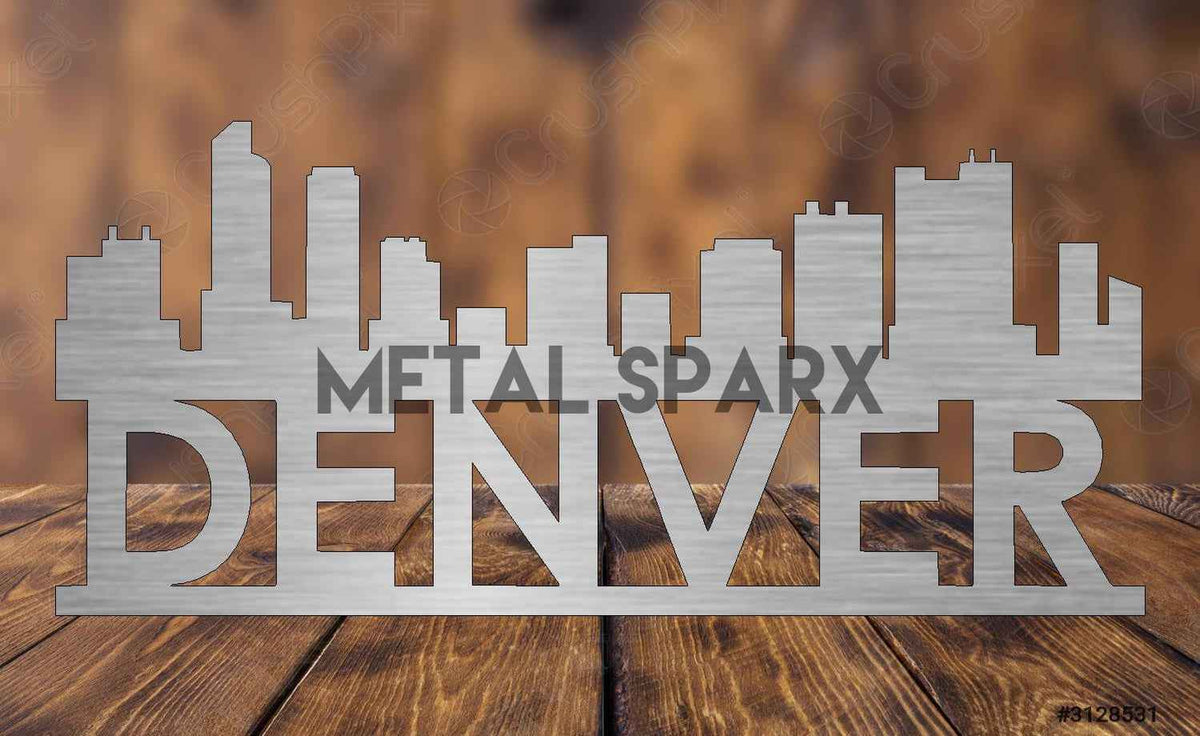 Metal Sparx Denver Skyline metal art wall decor featuring a detailed silhouette of Denver's cityscape in black metal.