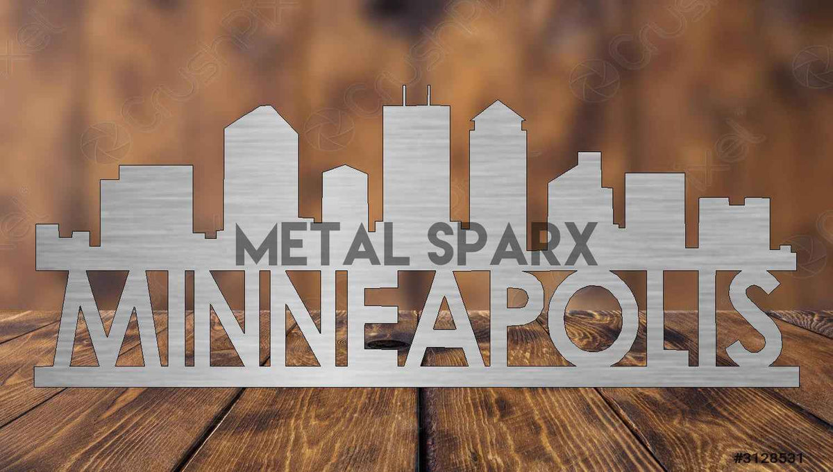 Metal Sparx Minneapolis Skyline metal art wall decor featuring a detailed silhouette of downtown Minneapolis buildings.