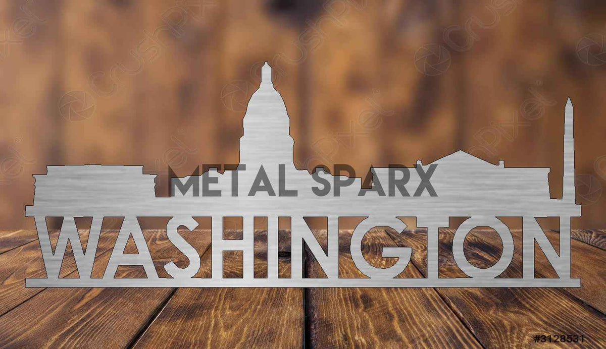 Metal Sparx Washington Skyline metal art wall decor featuring a detailed silhouette of the city skyline.