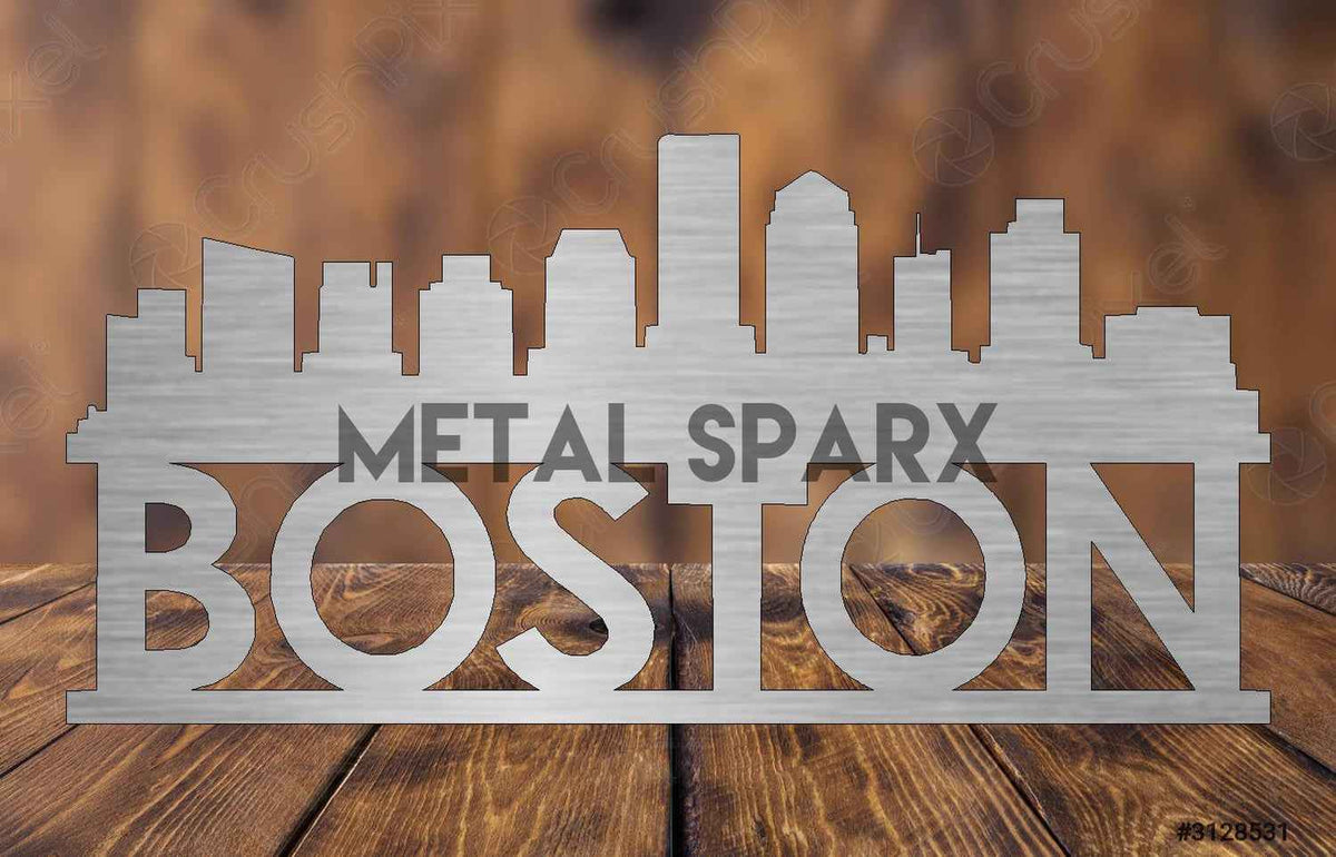 Metal Sparx Boston Skyline metal art piece featuring a detailed cityscape silhouette in sleek metal design.