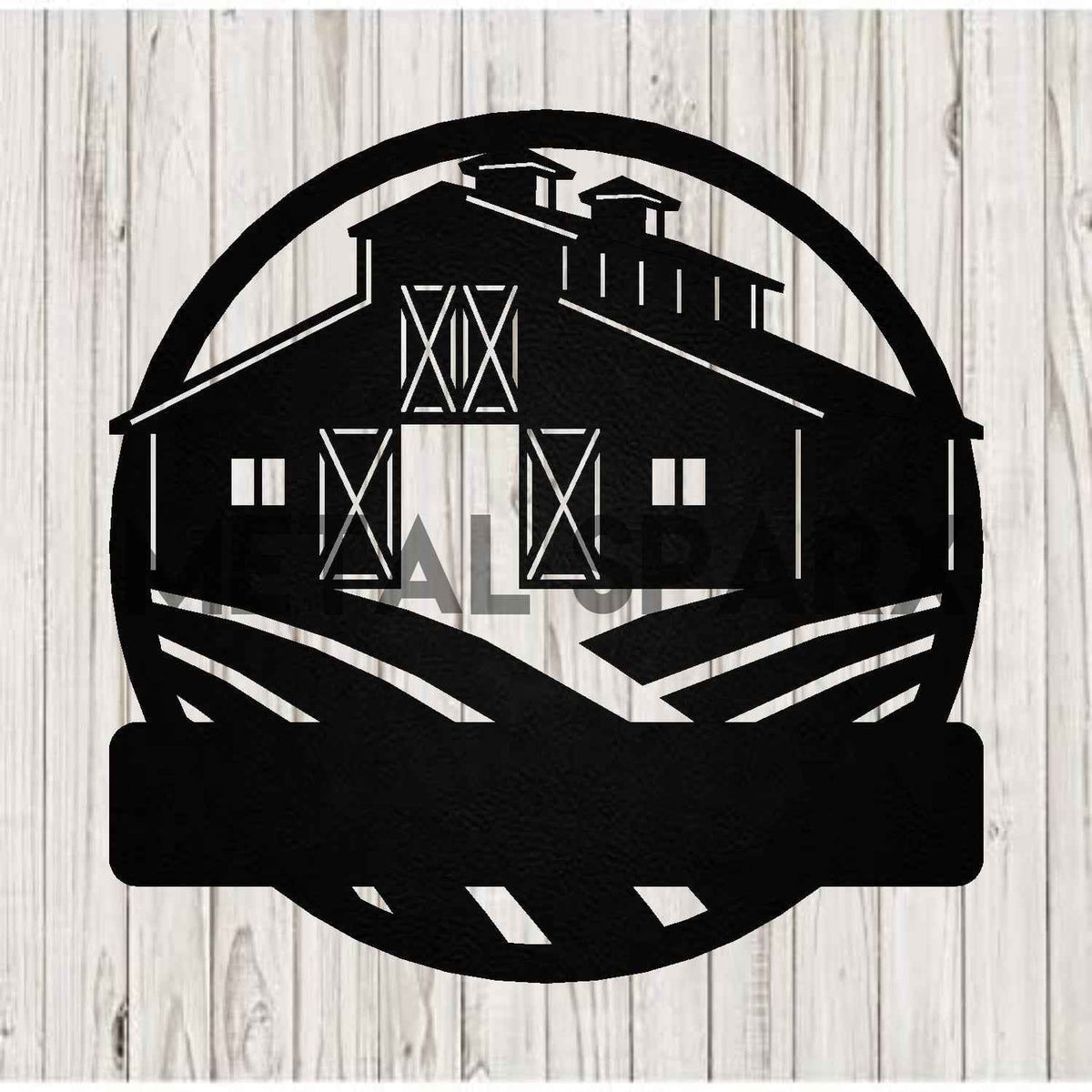 Black metal farm monogram sign with intricate letter design, ideal for outdoor farm or rustic decor.